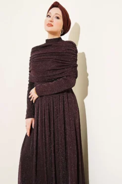 Draped Neck Glitter Evening Dress Brown Großhandel dress view 2 - Hicabistan Türkei Fabrik