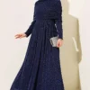 Draped Neck Glitter Evening Dress Navy Blue all'ingrosso dress - Hicabistan fabbrica Turchia