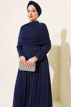 Draped Neck Glitter Evening Dress Navy Blue Großhandel dress view 2 - Hicabistan Türkei Fabrik