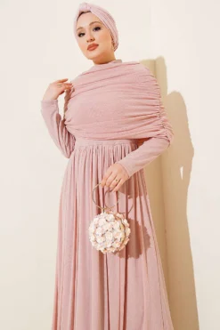 Draped Neck Glitter Evening Dress Pink Großhandel dress view 2 - Hicabistan Türkei Fabrik