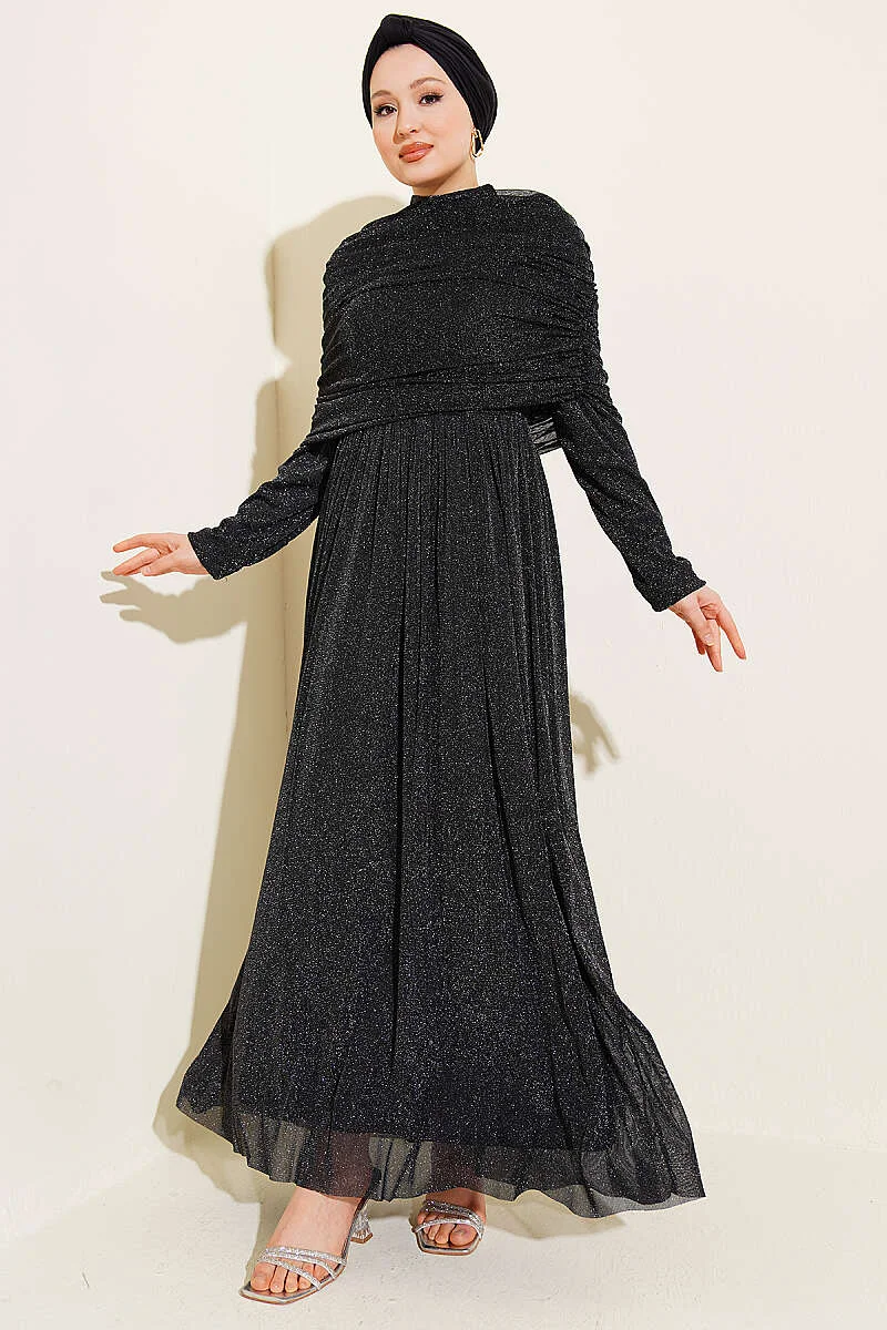 Draped Neck Glitter Evening Dress Black al por mayor dress - Hicabistan fábrica Turquía