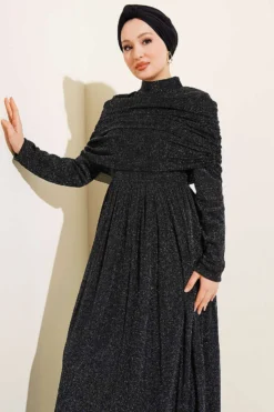 Draped Neck Glitter Evening Dress Black Großhandel dress view 2 - Hicabistan Türkei Fabrik