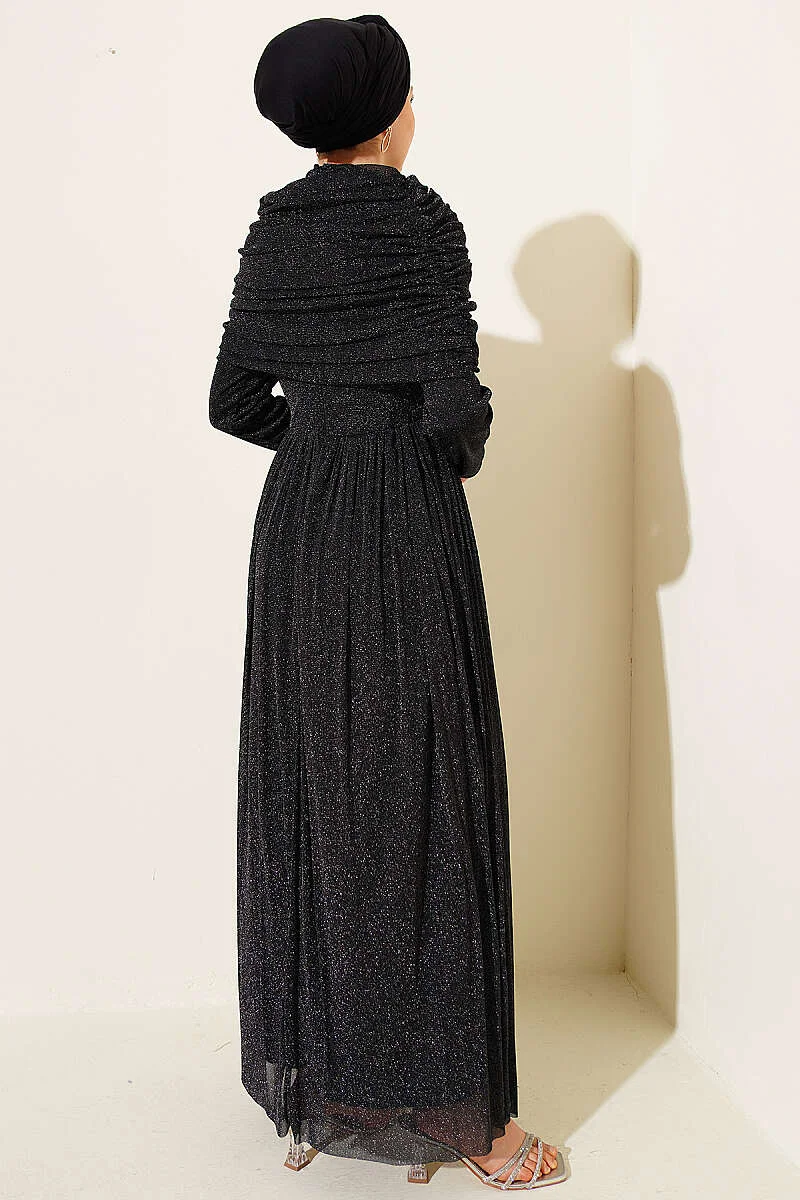 Draped Neck Glitter Evening Dress Black al por mayor dress view 3 - Hicabistan fábrica Turquía