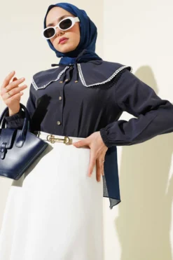 Nautical Collar Lace Short Shirt Navy Blue