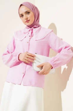 Alternative view of Nautical Collar Lace Short Shirt Pink