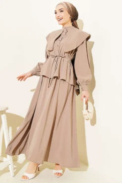 Nautical Collar Tie Belted Tencel Skirt Set Mink
