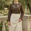 Sailor Collar Embroidered Shirt Brown al por mayor shirt - Hicabistan fábrica Turquía