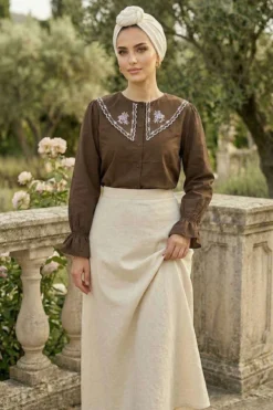 Sailor Collar Embroidered Shirt Brown Großhandel shirt - Hicabistan Türkei Fabrik