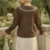Sailor Collar Embroidered Shirt Brown al por mayor shirt view 3 - Hicabistan fábrica Turquía
