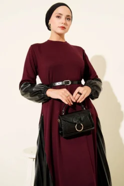 Dress with Leather Details and Belt Burgundy wholesale dress view 2 - Hicabistan Turkey factory