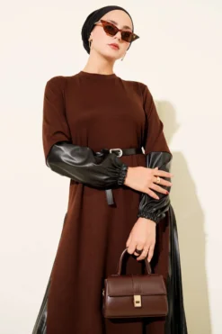 Dress with Leather Details and Belt Brown wholesale dress view 2 - Hicabistan Turkey factory