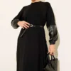 Dress with Leather Details and Belt Black all'ingrosso dress view 2 - Hicabistan fabbrica Turchia