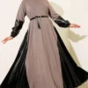 Dress with Leather Details and Belt Mink all'ingrosso dress - Hicabistan fabbrica Turchia