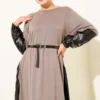 Dress with Leather Details and Belt Mink all'ingrosso dress view 2 - Hicabistan fabbrica Turchia