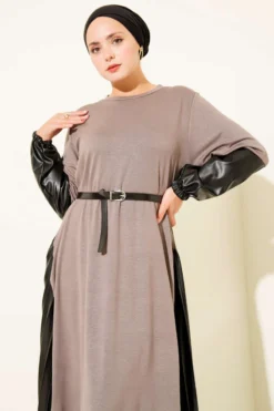 Dress with Leather Details and Belt Mink wholesale dress view 2 - Hicabistan Turkey factory
