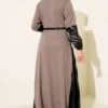 Dress with Leather Details and Belt Mink all'ingrosso dress view 3 - Hicabistan fabbrica Turchia
