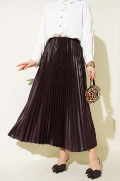Pleated Faux Leather Skirt Brown wholesale skirt - Hicabistan Turkey factory