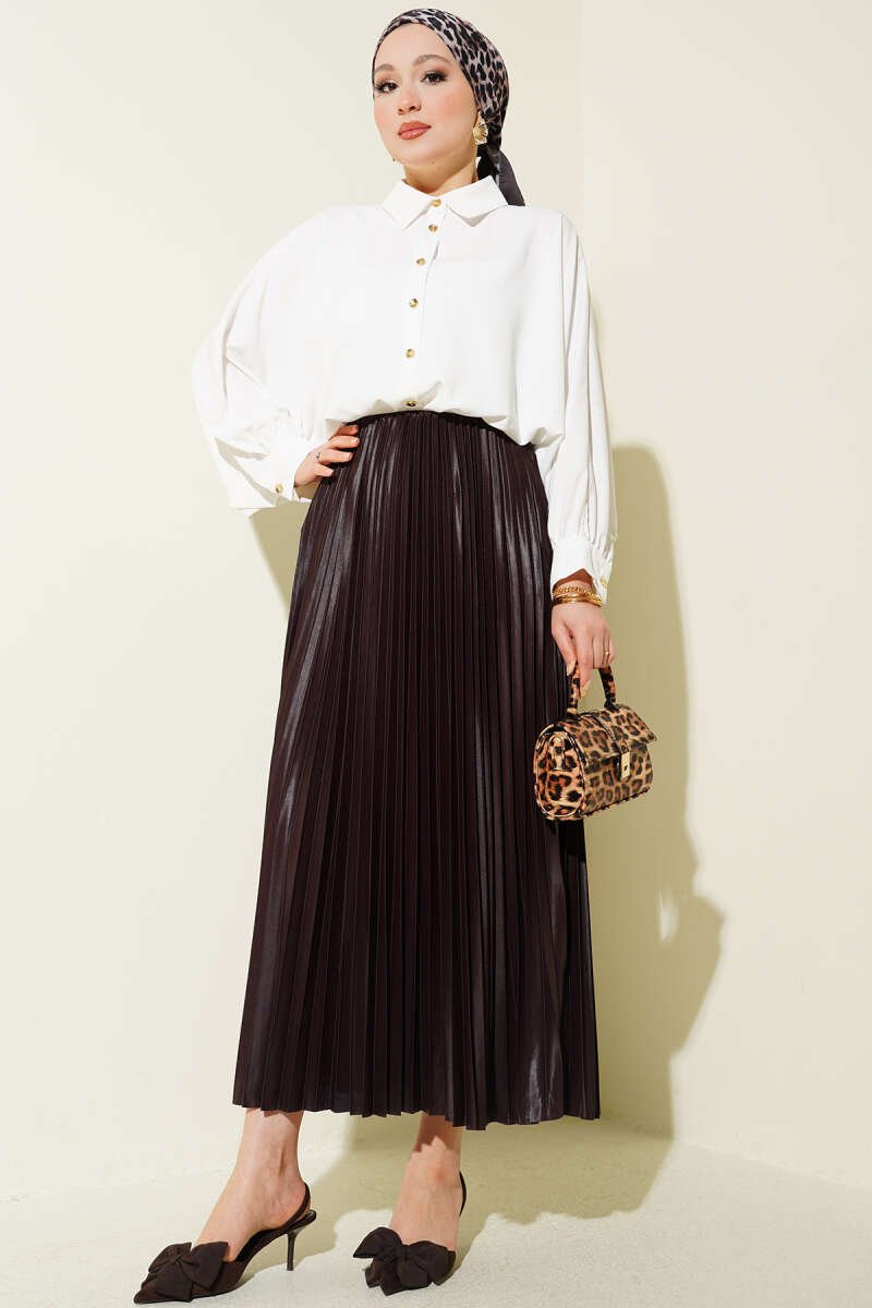 Pleated Faux Leather Skirt Brown en gros skirt view 2 - Hicabistan usine Turquie