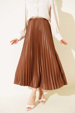 Pleated Faux Leather Skirt wholesale skirt - Hicabistan Turkey factory