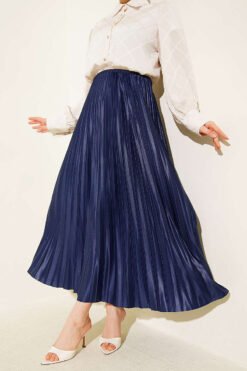 Pleated Faux Leather Skirt Navy Blue wholesale skirt - Hicabistan Turkey factory