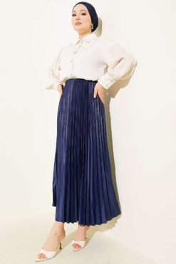 Pleated Faux Leather Skirt Navy Blue wholesale skirt view 2 - Hicabistan Turkey factory