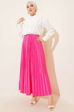 Pleated Faux Leather Skirt Pink wholesale skirt view 2 - Hicabistan Turkey factory