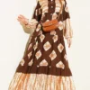 Patterned Ruffled High Collar Dress Brown