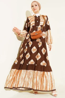 Patterned Ruffled High Collar Dress Brown