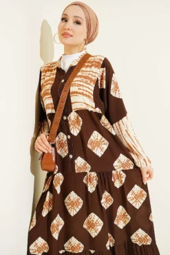 Alternative view of Patterned Ruffled High Collar Dress Brown