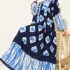 Patterned Ruffled High Collar Dress Navy Blue
