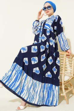 Patterned Ruffled High Collar Dress Navy Blue