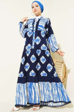 Alternative view of Patterned Ruffled High Collar Dress Navy Blue