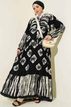 Patterned Ruffled High Collar Dress Black