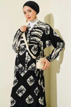 Alternative view of Patterned Ruffled High Collar Dress Black