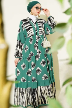 Patterned Ruffled High Collar Dress Emerald