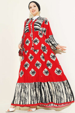 Patterned Ruffled High Collar Dress Burgundy all'ingrosso dress - Hicabistan fabbrica Turchia
