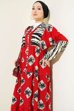 Patterned Ruffled High Collar Dress Burgundy all'ingrosso dress view 2 - Hicabistan fabbrica Turchia