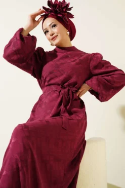 Printed Balloon Sleeve Belted Jacquard Dress Burgundy wholesale dress view 2 - Hicabistan Turkey factory