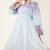 Printed Waist and Ankle Elastic Belted Dress Baby Blue