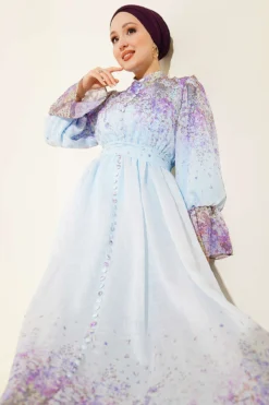 Printed Waist and Ankle Elastic Belted Dress Baby Blue