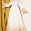 Printed Waist and Ankle Elastic Belted Dress Ecru