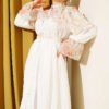Printed Waist and Ankle Elastic Belted Dress Ecru wholesale dress view 2 - Hicabistan Turkey factory