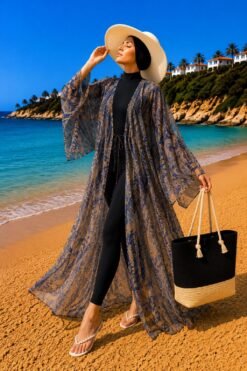 Alternative view of Patterned Adjustable Waist Chiffon Long Pareo Navy Blue