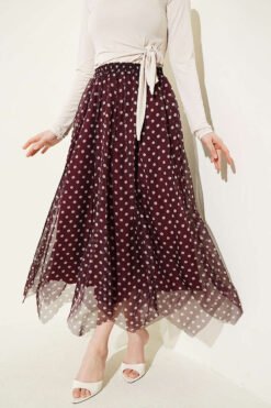 Printed Stitched Asymmetrical Chiffon Skirt Burgundy wholesale skirt - Hicabistan Turkey factory