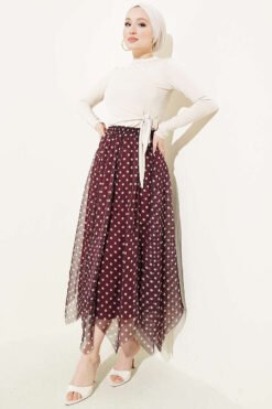 Printed Stitched Asymmetrical Chiffon Skirt Burgundy wholesale skirt view 2 - Hicabistan Turkey factory