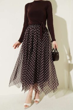 Printed Stitched Asymmetrical Chiffon Skirt Brown