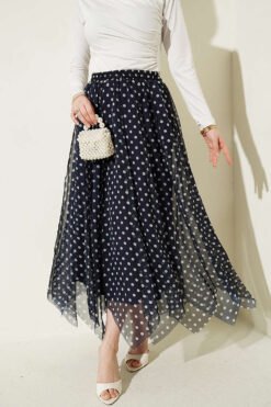 Printed Stitched Asymmetrical Chiffon Skirt Navy Blue