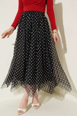 Printed Stitched Asymmetrical Chiffon Skirt Black