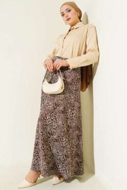 Patterned Zip Satin Skirt Brown wholesale skirt view 2 - Hicabistan Turkey factory