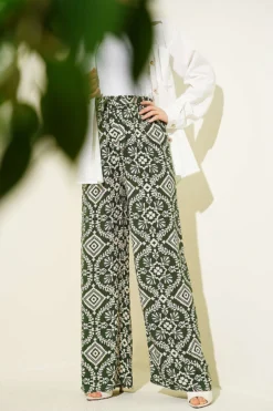 Printed Wide Leg Elastic Waist Pants Khaki